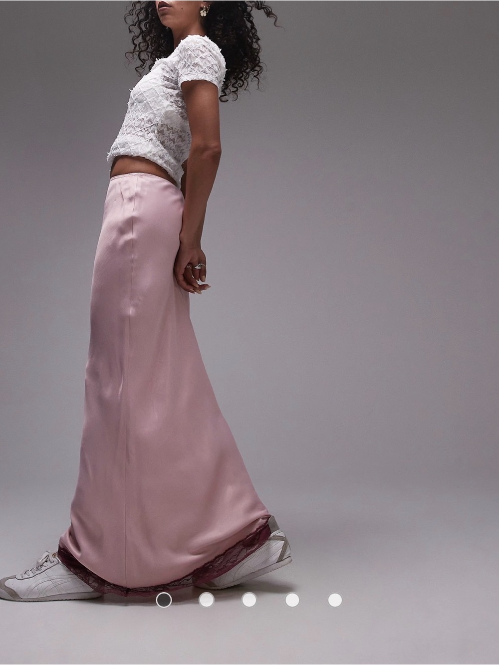 NWOT- Topshop satin bias maxi skirt in pink with burgundy lace, size US 8